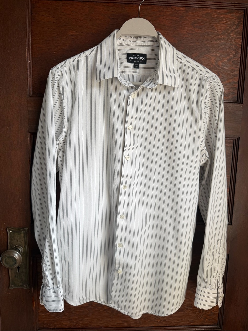 Express Men White Dress Shirt with Gray Pinstripes